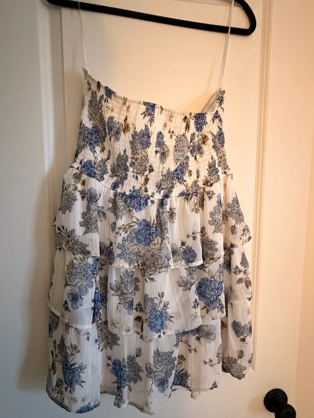 Smocked Tiered Floral Mini dress in White and Blue